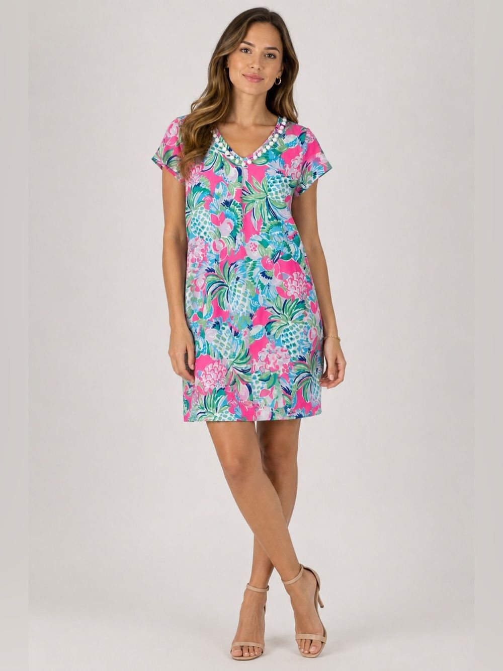 Lilly Pulitzer Etta V-Neck Pom Pom Tee Shirt Dress Size Small